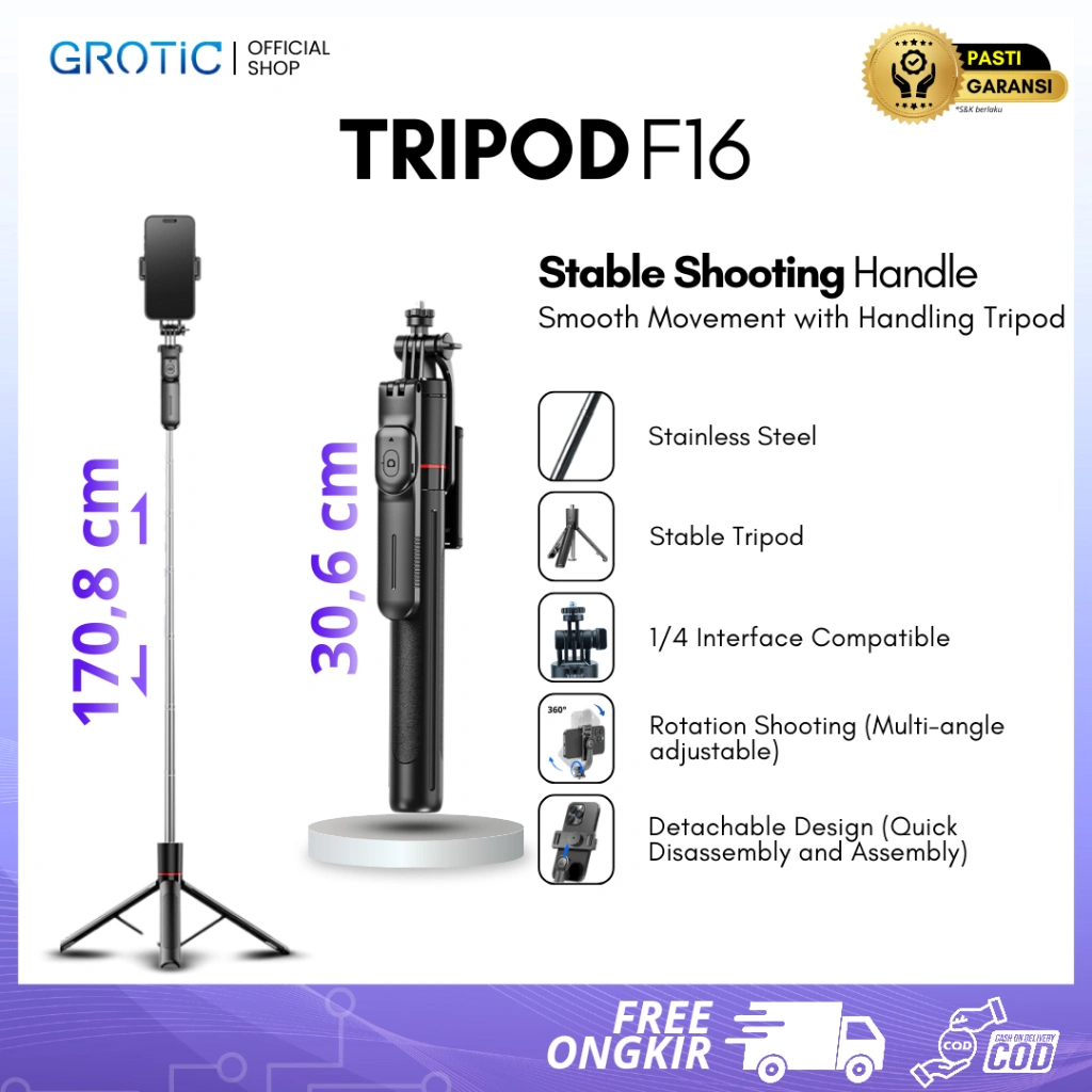 GROTIC Tripod Phone Camera 170cm Portable Hand Stabilizer With Remote & 1/4 Inch Mounting Screw F16