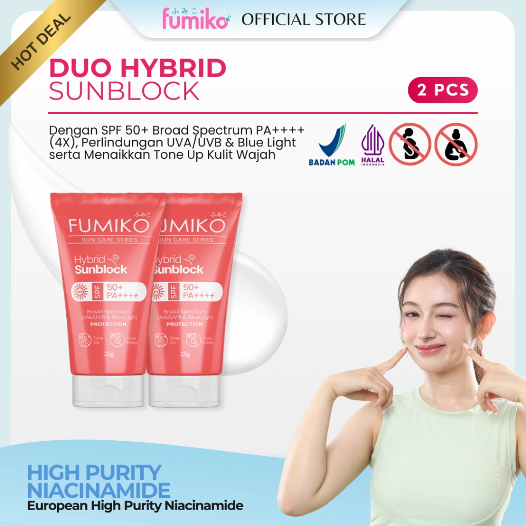 Sunblock 2 Buah Twin Package FUMIKO - (Physical and Chemical) Hybrid SPF 50+/PA++++| Tabir Surya Wajah Mencerahkan| None Greasy
