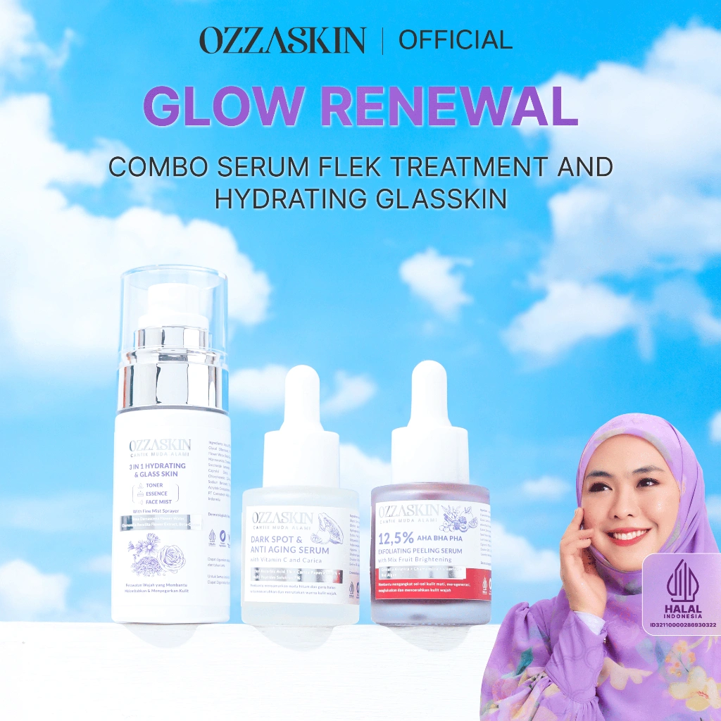 Ozzaskin Combo Serum Flek Treatment and Hydrating Glasskin with Toner Essence Facemist (Dark Spot Serum, Exfoliating Peeling Serum, Toner Essence Facemist)