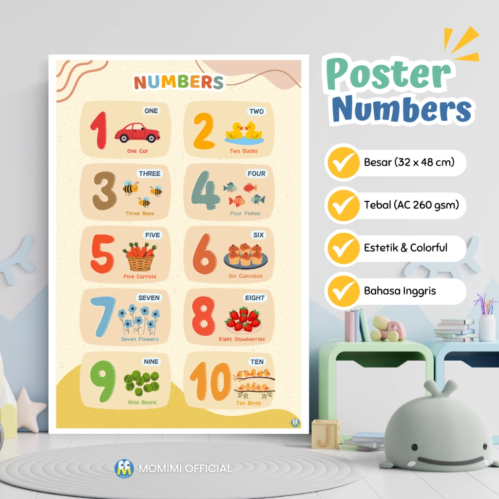 Poster ENGLISH NUMBERS Edukasi Belajar Angka 1-10 untuk Anak Usia Dini PAUD, Toddler