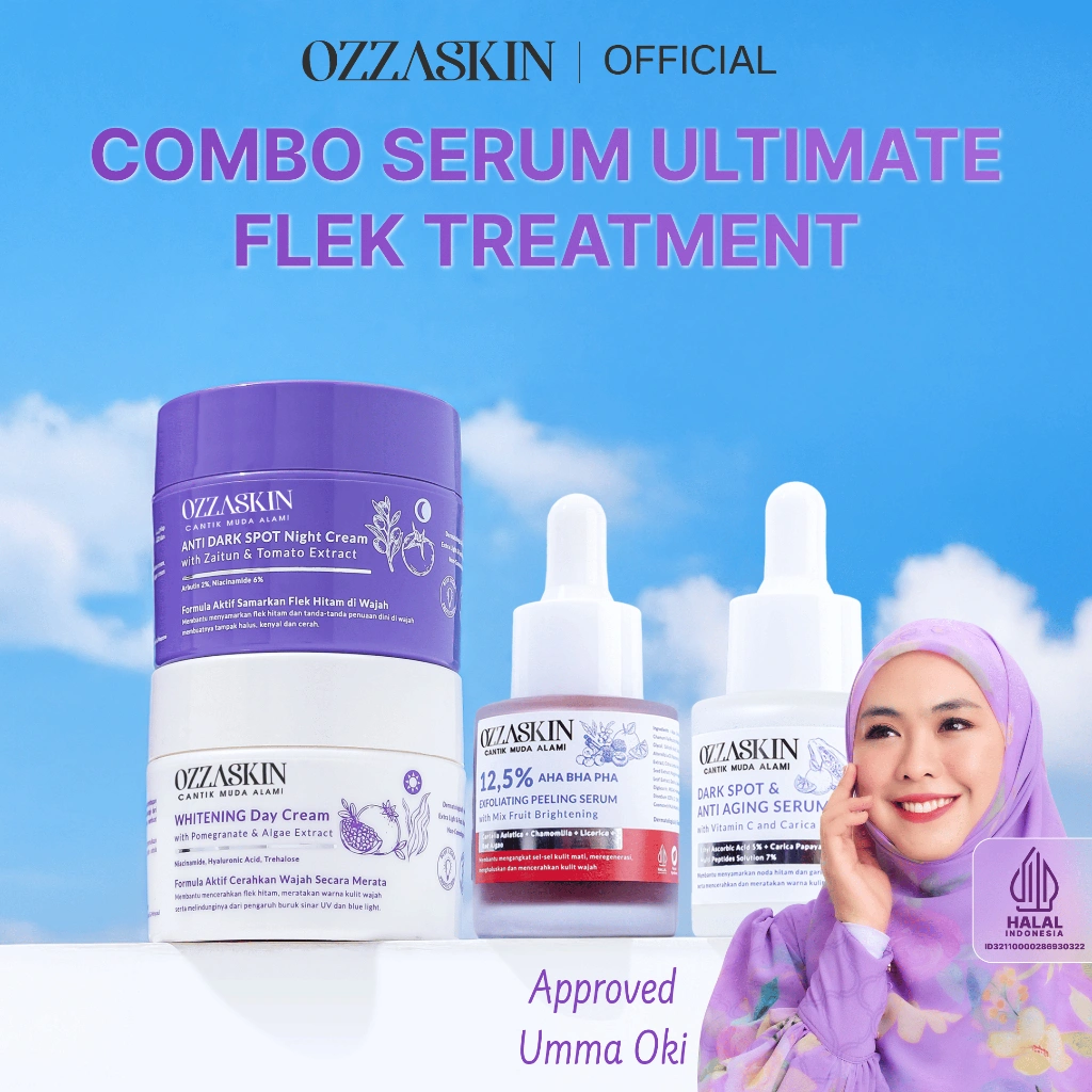 Ozzaskin Official By Oki Setiana Dewi Combo Serum Ultimate Flek Treatment 1 Pcs Ultimate Whitening Day Cream , 1 Pcs Ultimate Anti Dark Sport Night Cream, 1 Pcs Dark Spot & Anti Aging Serum Vit C and Carica, 1 Pcs Exfoliating Peeling Serum Pencerah Wajah