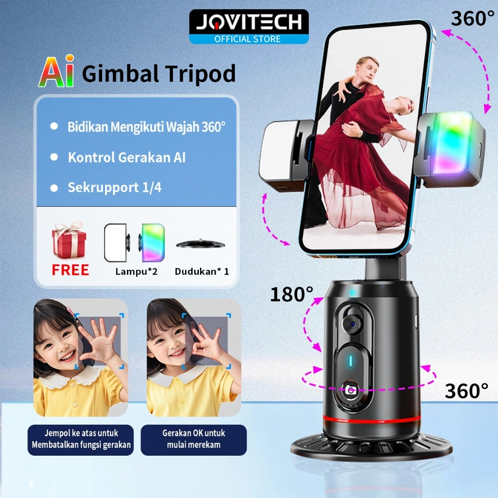 Jovitech Tripod Bluetooth Multifungsi Auto AI Face Tracking Gimbal Handphone Stabilizer 360° Selfie Stick With 2 Lampu LED - GS05