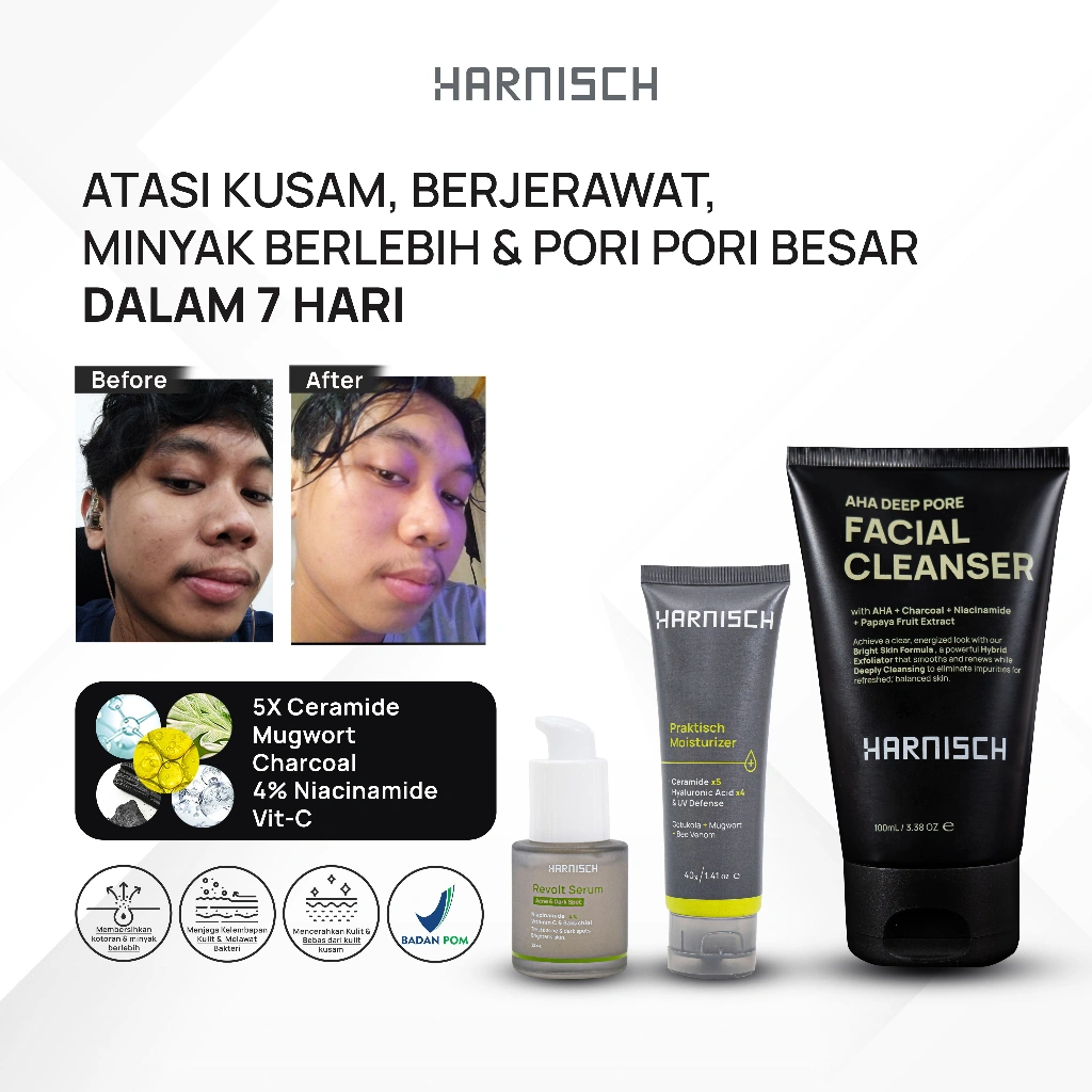 Harnisch Aha Deep Pore Facial Cleanser X Revolt Serum X Praktisch Moisturizer 2in1 Pelembab Wajah Dengan Sunscreen sabun muka pria sabun jerawat face wash pria face wash jerawat sabun muka kulit berminyak