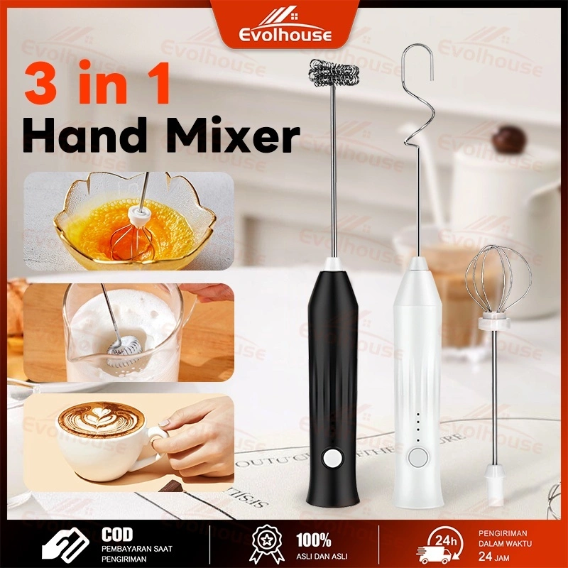 Milk Frother Handheld Rechargeable Electric Whisk Drink Mixer with 3 Heads 3 Speeds For Latte Cappuccino Hot Chocolate