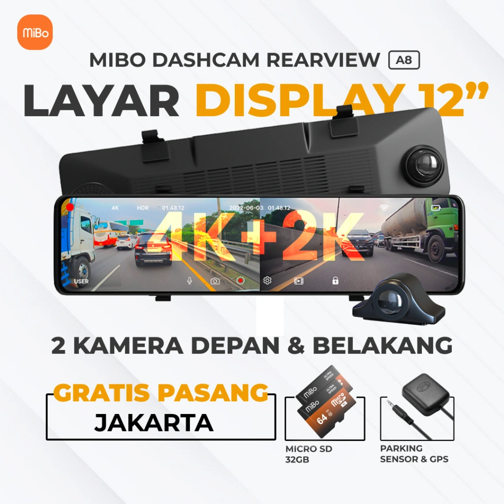 Mibo A8 Dashcam 4K Rearview 12" Touch + GPS + WiFi + 64GB | Paket Diskon + Free Instalasi JAKARTA
