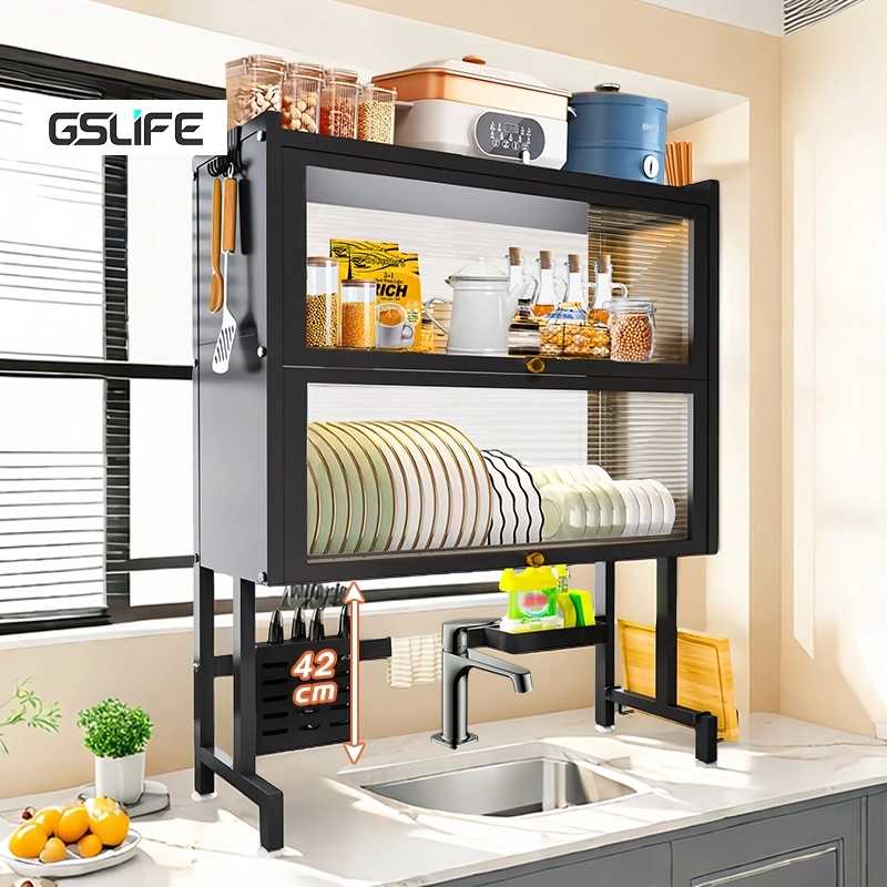 GSLIFE 1/2 Susun Rak Piring Wastafel Dengan Kabinet Rak Wastafel Cuci Piring Tertutup 304 Stainless Steel Rak Dapur Multifungsi