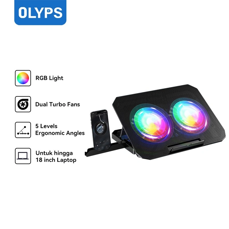 OLYPS Cooling Pad Laptop RGB Gaming Kipas Pendingin Laptop N33 With Phone Stand - 7 Level Adjustable
