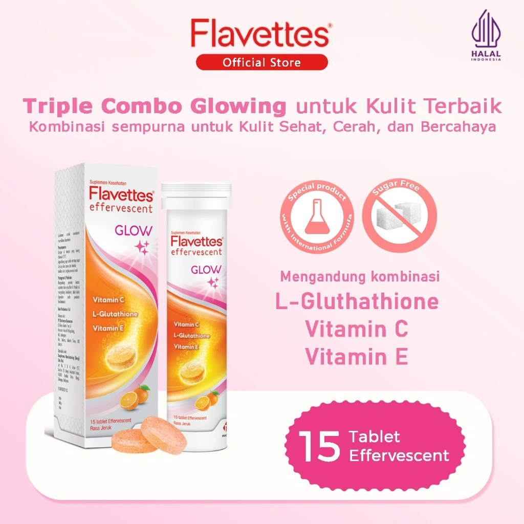 FLAVETTES Glow (15's) Suplemen Minuman Kecantikan dengan L-Gluthathione, Vitamin C, Vitamin E, Membantu Melembapkan dan Mencerahkan Kulit