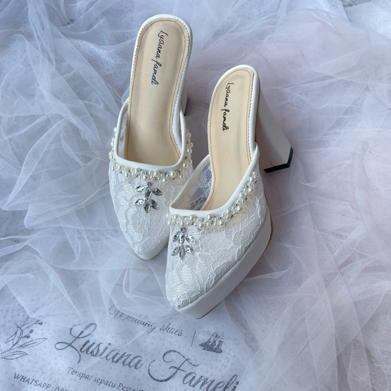Lusiana fameli | sepatu payet simple manis hak platform bentuk U sepatu ootd kondangan wisuda warna putih