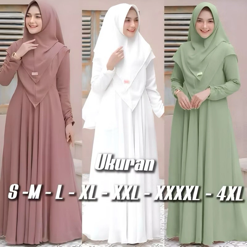 MYRA- GAMIS SYARI PLUS KHIMAR 2 LAYER UKURAN M L XL XXL 4L BAHAN SHAKILA PREMIUM BUSUI POLOS PENGAJIAN UMROH PUTIH SAGE MILO TERBARU UMROH IBU IBU REMAJA 2025 ELEGANT SYAR'i SET JILBAB TERBARU