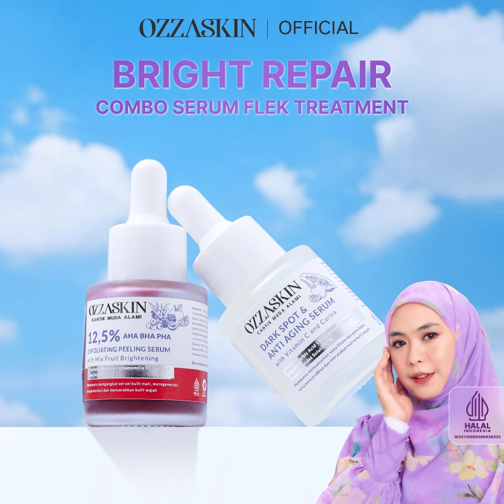 Ozzaskin Official By Oki Setiana Dewi Combo Serum Flek Treatment  1 Pcs Dark Spot & Anti Aging Serum Vit C and Carica, 1 Pcs Exfoliating Peeling Serum sebagai Pencerah Wajah Alami Pelembab Perawatan Wajah Membantu Memudarkan Flek