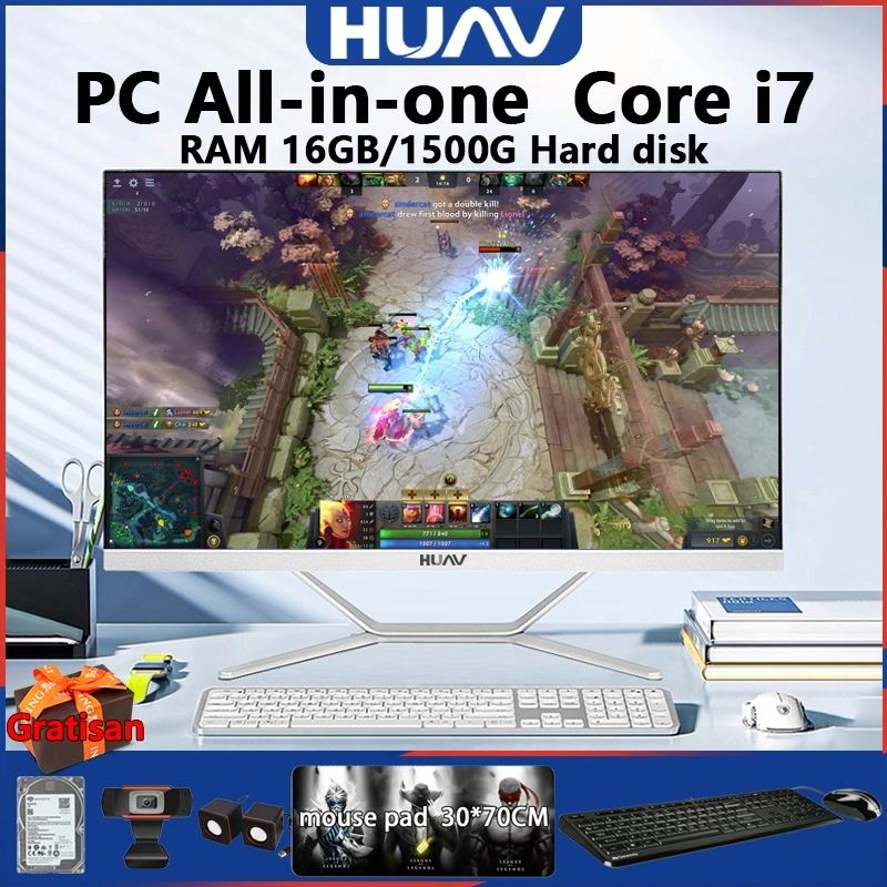 HUAV Komputer Full Set All-in-One PC Baru, Prosesor Core i7 konfigurasi tinggi,Layar 24/27 Inci Pilihan,RAM 8/16G,SSD 1TB,Untuk Rumah, Belajar, Kantor, gaming,desain PS dan Hiburan