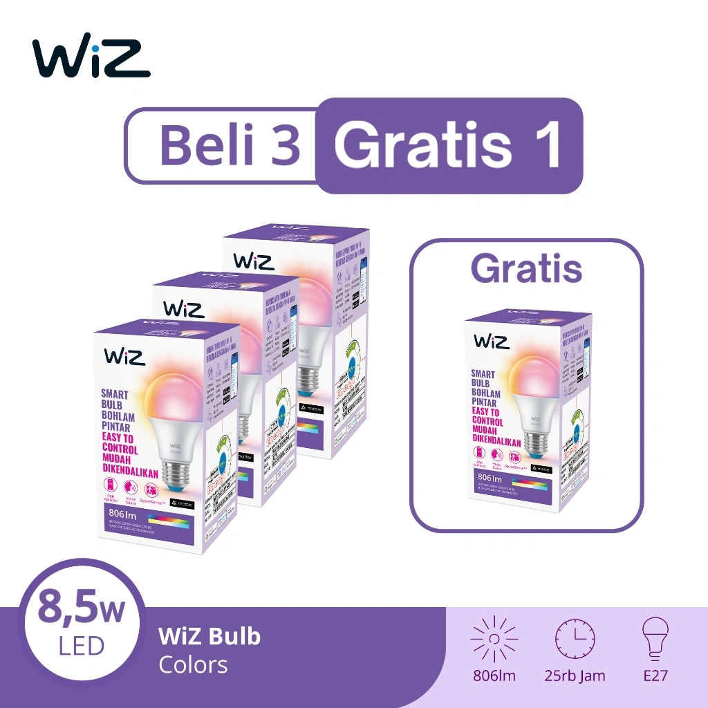 WiZ Paket Lampu Smart LED 8,5W WiFi Smart Bulb RGB Beli 3 Gratis 1 - Lampu Tidur Anak