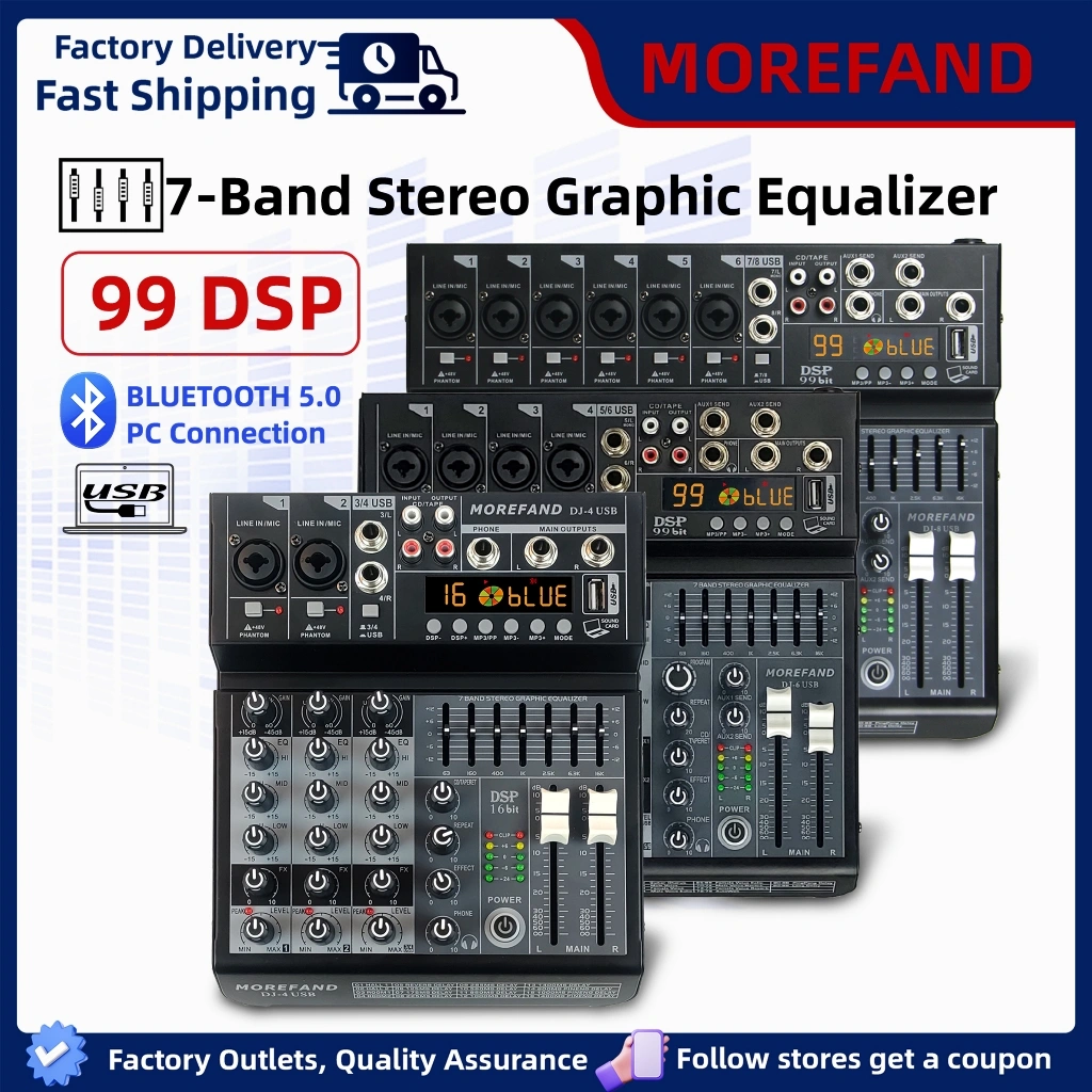 MOREFAND (COD) DJ4 DJ6 DJ8 Mixer audio professional Sound Audio System Bluetooth Dsp USB 4-6-8 Channel Audio Interface For Recording 12v Mixer With Equalizer