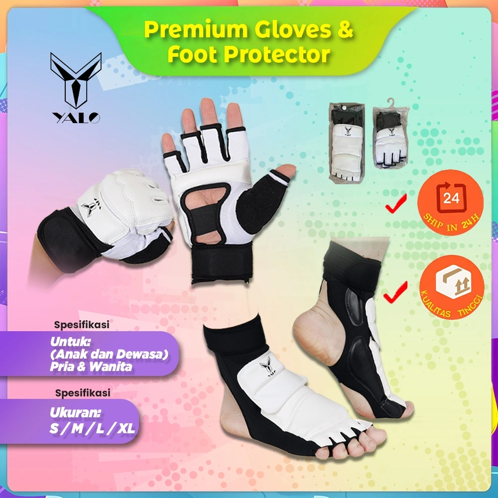 Sarung Tangan & Pelindung Kaki Taekwondo YALO | Premium Gloves & Foot Protector Sparring Lomba Latihan Bela Diri | PU, Anti Slip & Nyaman