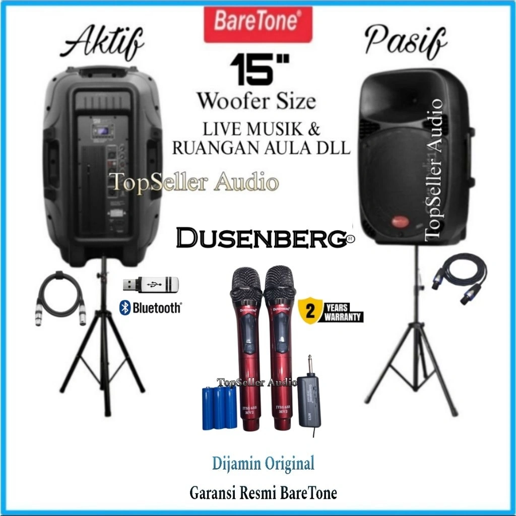 Paket Sound System Karaoke Bluetooth BareTone 15 Inch [ Aktif & Pasif ] Original Plus 2 Mic Wireless Dusenberg Garansi Resmi