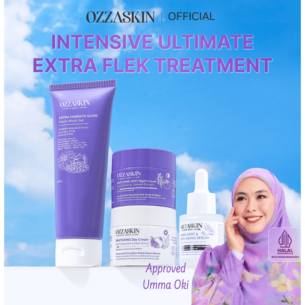 Ozzaskin Official By Oki Setiana Dewi Intensive Ultimate Extra Flek Treatment 1 Pcs Facial Wash Extra Habbats, 1 Pcs Ultimate Whitening Day Cream , 1 Pcs Ultimate Anti Dark Sport Night Cream, 1 Pcs Dark Spot & Anti Aging Serum Vit C and Carica