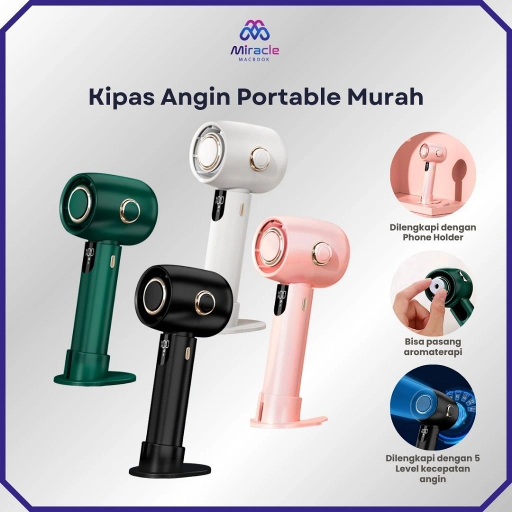 MIRACLE Mini Kipas Angin Tangan Turbo Aromaterapi | Bisa Berdiri | Digital Display | Adjustable | Serasa AC | Portabel & Low Noise