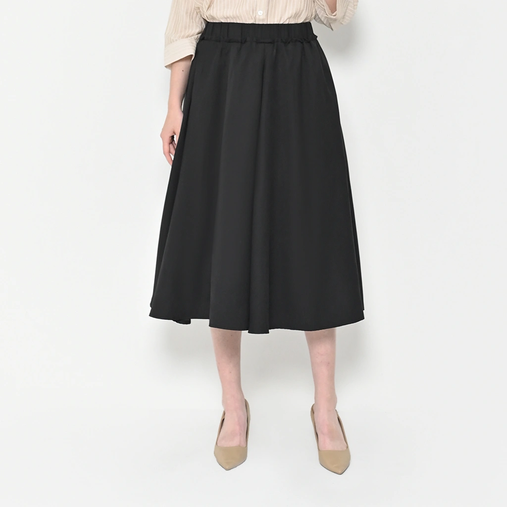 L'more Elastic Waist Flared Midi Skirt - E165 Black