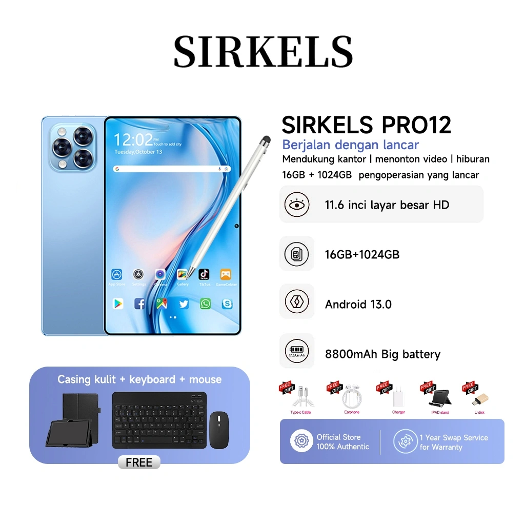 [Free Keyboard Mouse Case]SIRKELS Tablet Pro12 RAM 16GB + 1024GB ROM 5G Dual SIM Wifi 8800mAh 11.6inch Layar Full Screen