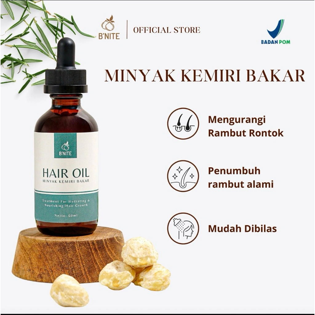 B'Nite Hair Oil Minyak Kemiri Bakar  - Hair Growth Oil - Penumbuh Rambut Alami & Cegah Rontok