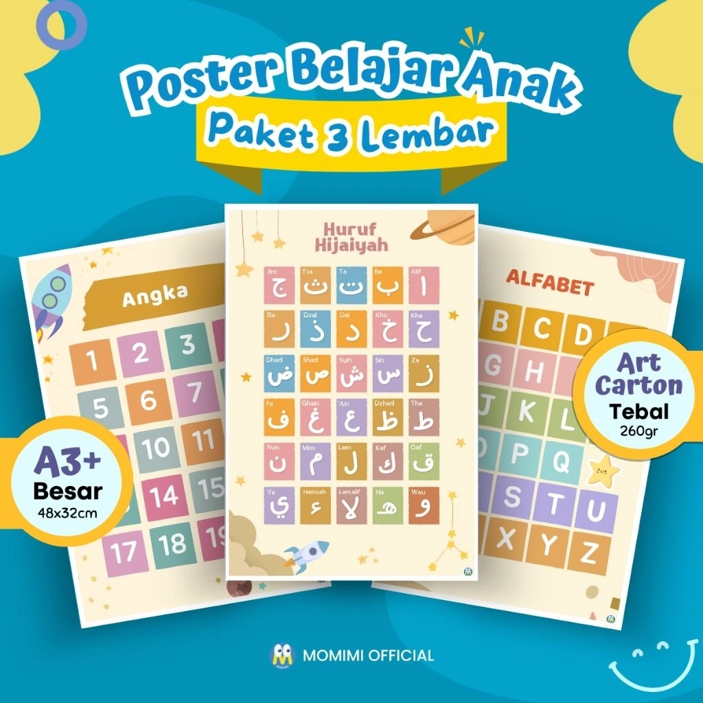 [ Paket 3 Lembar ] Poster Edukasi Anak Estetik Belajar Angka, Huruf Alfabet, Hijaiyah