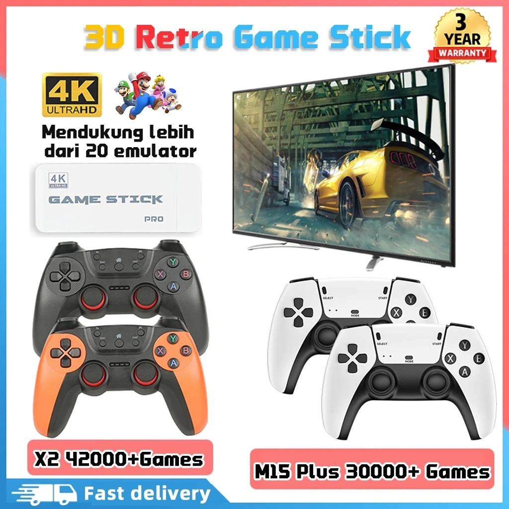 Versi Baterai-Game Stick 4K Wireless Gamepad 2 Player TV HDMI Connect PS1 30000+(M15 Plus) 418000+(X2)Games Penting Untuk Pertemuan Keluarga Konsol Game Retro Game Console