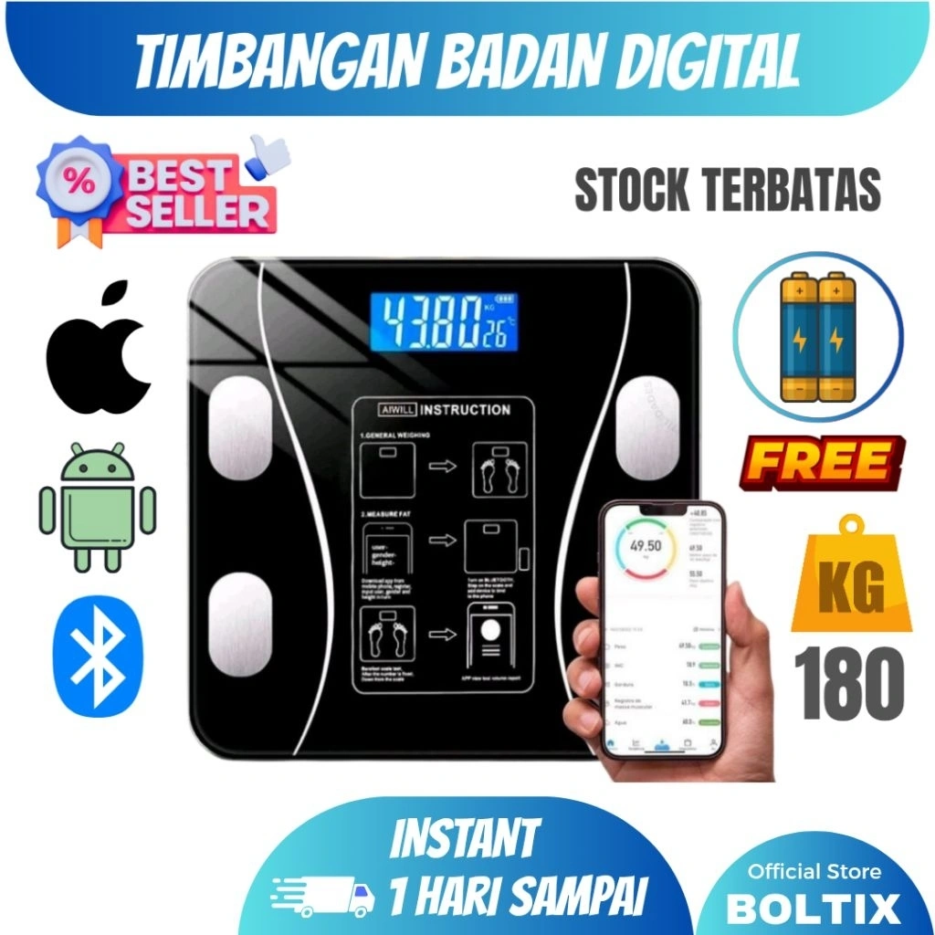 Timbangan Badan Multifungsi Bluetooth Digital 180KG Body Fat Scale With Monitor App Analysis Smart Tempered Glass