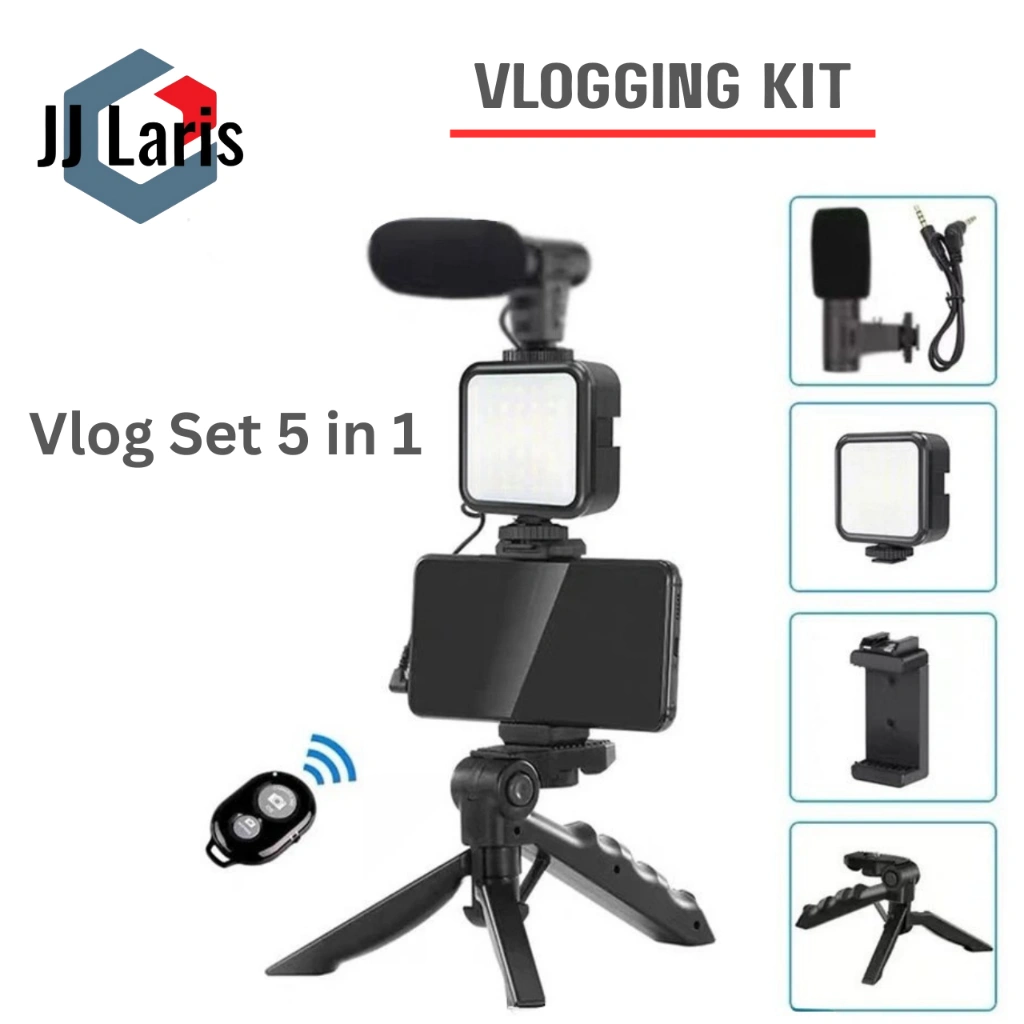 Vlogging KIT Paket Vlog 5in1 LED Light Tripod Phone Holder Microphone Remote Shutter Vlog Set