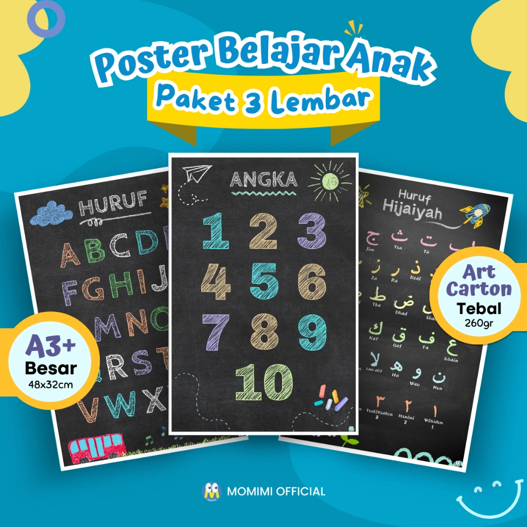 [ Paket 3 Lembar ] Poster Edukasi Anak Estetik Chalk Belajar Angka-Huruf Abjad Alfabet ABCD-Hijaiyah