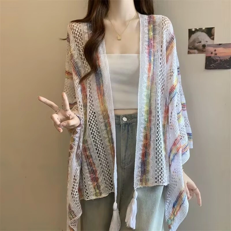 Outer Bohemian Pantai Rajutan Buatan Tangan Pelangi Asmara Selendang Scarf Pariwisata Etnik Retro Yang Dua Sisi Shawl Bernapas Syal Leher Wanita Sun Screen Syal Kerah Rajut Selendang