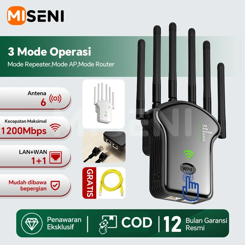 MISENI Repeater Wifi 1200Mbps Dual Band 2.4G+5G - 6 Antena Sinyal Kuat, Mode AP/Repeater/Wifi Extender Router, Penguat Jaringan Wireless Stabil Cepat, Booster Internet Jarak Jauh untuk Rumah Kantor, Mudah Dipasang