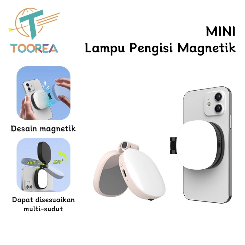 TOOREA K04 Magnetik Fill Light 3 in 1 Mini Lampu LED Cermin HP Holder Selfie Lampu Portabel 360° Rotasi Ring Light 3 Kecerahan untuk Selfie Live Konten Kreator
