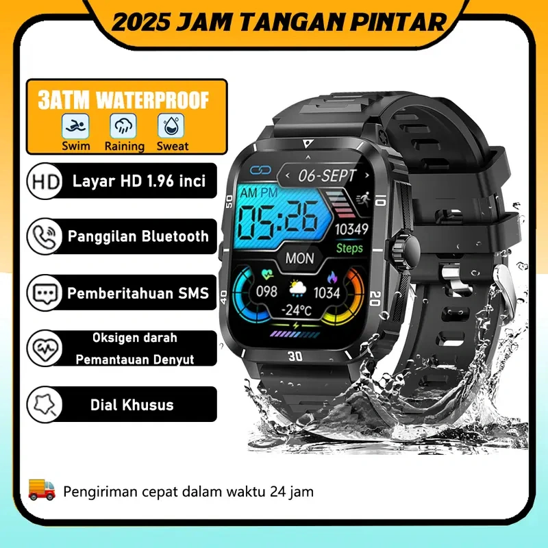 Smartwatch Militer untuk Pria Smart Watch Fitness Tracker 3ATM Tahan Air Layar 1,96 inci Panggilan Bluetooth untuk Ponsel Android iOS