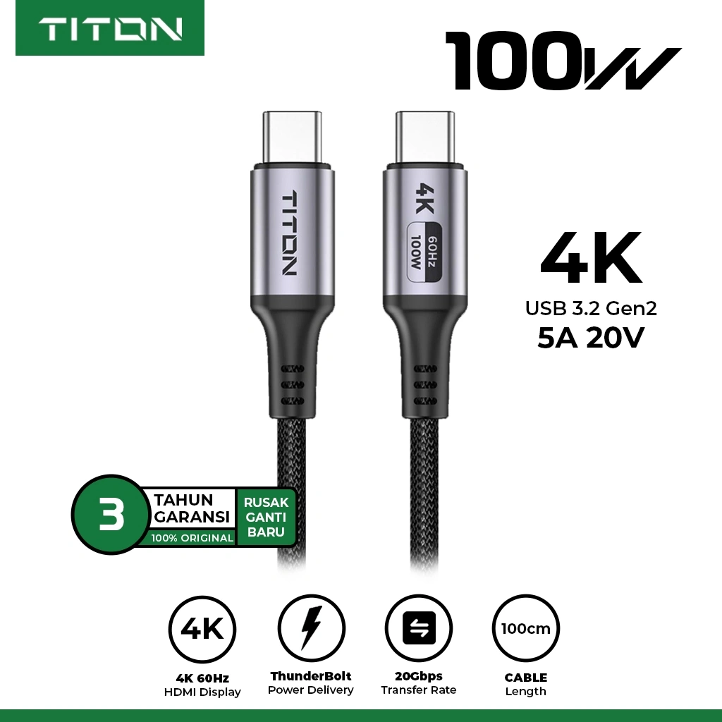 TITON Vento 1 Kabel 100W 4K 60Hz 20Gbps USB 3.2 Gen2 USB-C to USB-C HDMI Charging SSD External Docking Station Data Charger Display Type C ThunderBolt