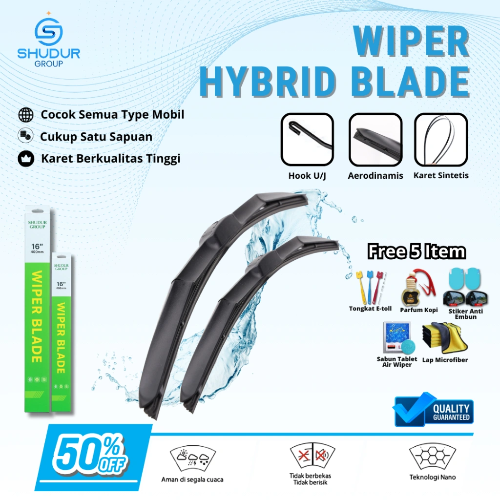 Shudur Wiper Mobil Hybrid Blade 1 Set Universal Sepasang 2 Pcs Kiri dan Kanan Bonus 5 Produk