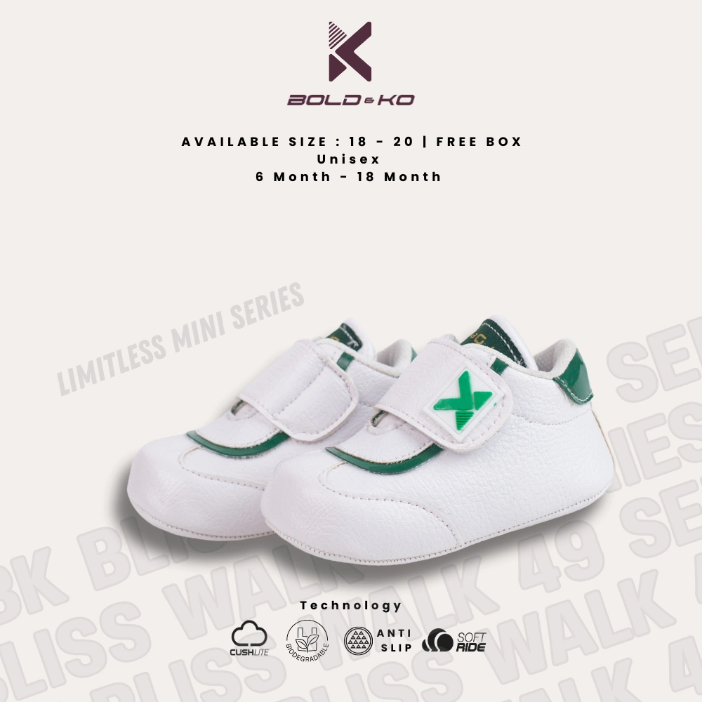 BOLD&KO Bk Bliss Walk 49 Sepatu Bayi Premium Putih Hijau/Sepatu Bayi Laki-laki/Sepatu Bayi Perempuan