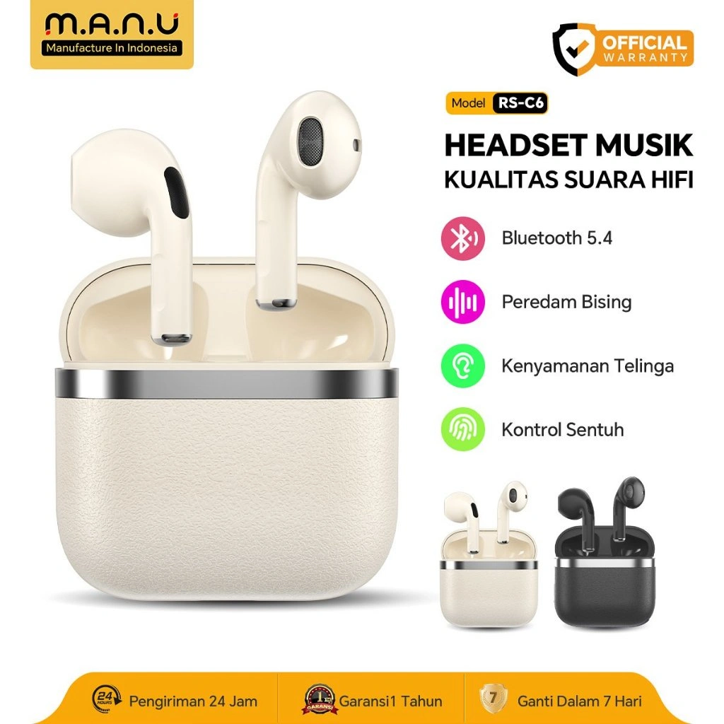 MANU RS-C6 Headphone Bluetooth Nirkabel TWS Headset HiFi Musik Earbud Olahraga Gaming ENC Earphone Peredam Bising Kontrol Sentuh Headphone In-Ear Stereo dengan Latensi Sangat Rendah Kualitas Suara HIFI Tinggi