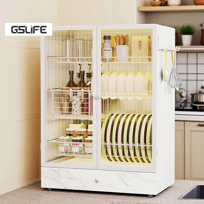 GSLIFE 2/3 Susun Cuci Piring Stainless Pengering Rak Piring Tertutup Dengan Laci  Dapur Rak Penyimpanan Dapur Dengan Pintu