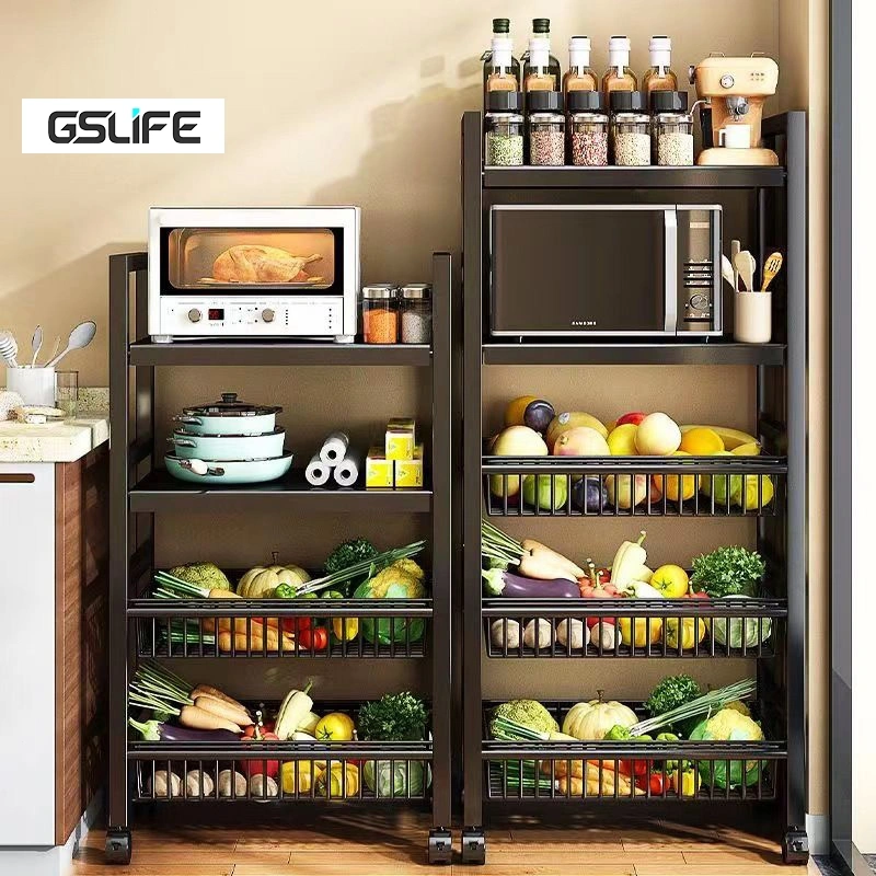 GSLIFE 3/4/5 Susun Rak Dapur Serbaguna dengan Keranjang & Roda Rak Penyimpanan Rak Microwave Oven