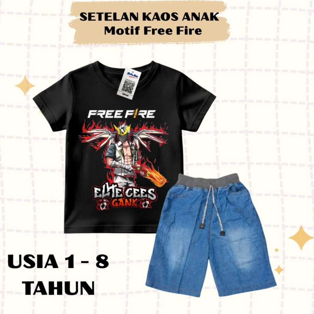 [GRATIS NAMA ANAK] Setelan Anak Laki-laki Kaos Distro Motif Free Fire Jeans Rib Usia 1-8 Tahun