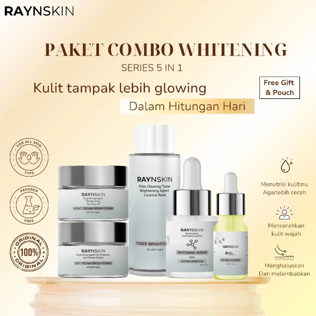 Paket Pemutih Combo [5in1] Raynskin Skincare Brightening Cream Wajah | Moisturizer | Mencerahkan & Menyamarkan Flek