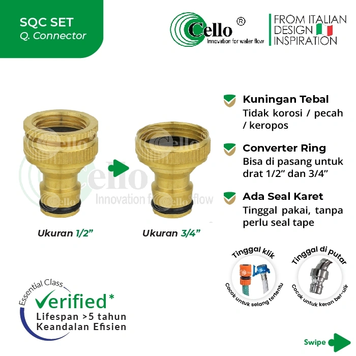 Cello SQC 3/4" + 1/2" / Sambungan Quick Connector /Konektor Kran Selang Taman PVC Release / Cucut Drat Ujung Keran Set Inlet Mesin Cuci