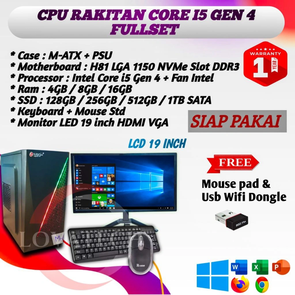 CPU Core I5 Fullset - PC CORE I5 GEN 4 FULLSET MURAH RAM 16GB | SSD 512GB + MONITOR 19 INCH