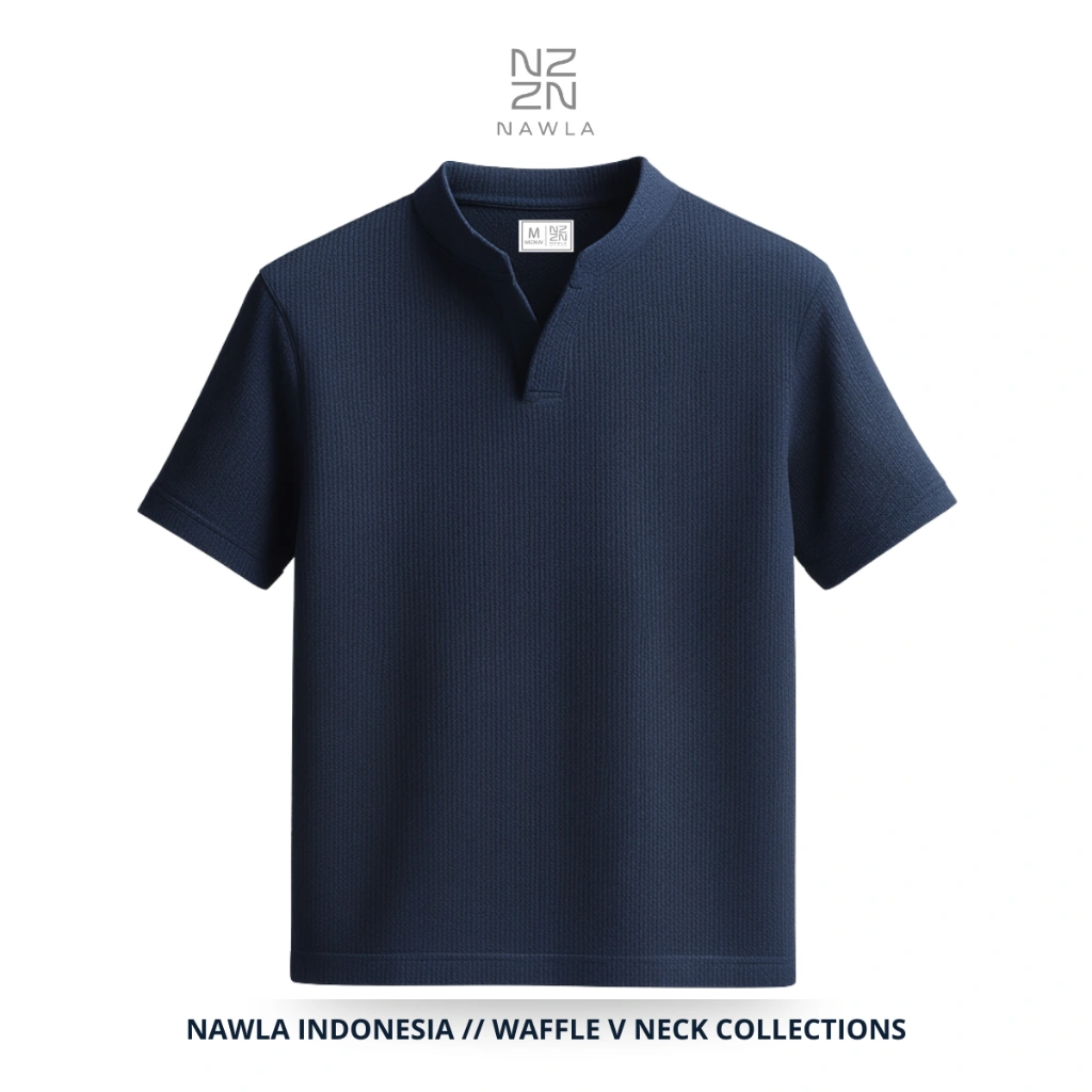 Nawla - Atasan Kaos Pria Lengan Pendek Bahan Waffle Kerah V Neck Warna Navy / Kaos Waffle Pria