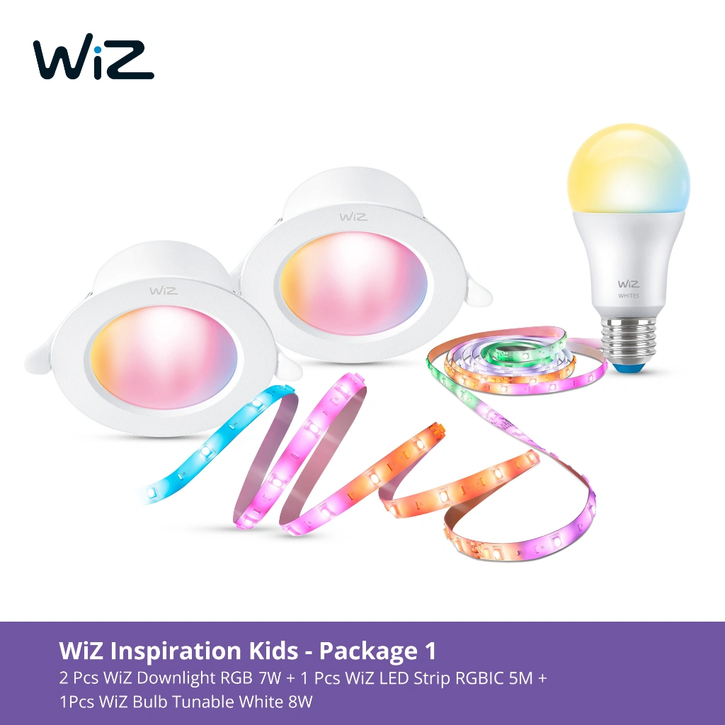 [BELI 3 GRATIS 1] Kids Pack 1  WiZ Lampu Smart LED Downlight RGB 7W, Smart LED Strip 5M RGBIC Gratis 1 Lampu Pintar 8W TW