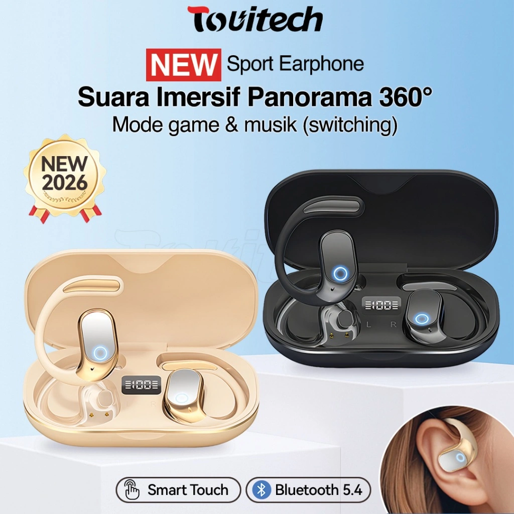 TOUITECH Earphone Bluetooth 5.4 Clip On Sport Wireless Headset Suara Jernih Baterai Tahan Lama Desain Elegan HS350