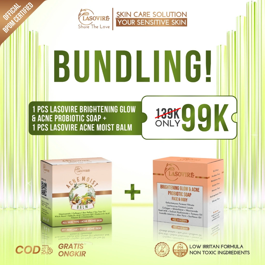 Lasovire Paket Bundling 1- BPOM Facial Wash Sabun Cuci Muka Probiotic Collagen Glutha Salicylic Acid Niacinamide Whitening Mencerahkan Melembabkan Glowing Tea Tree Oil Cica Obat Acne Prone Skin Sensitive Skin Beruntusan Eksim Gatal Dermatitis Flek Hitam