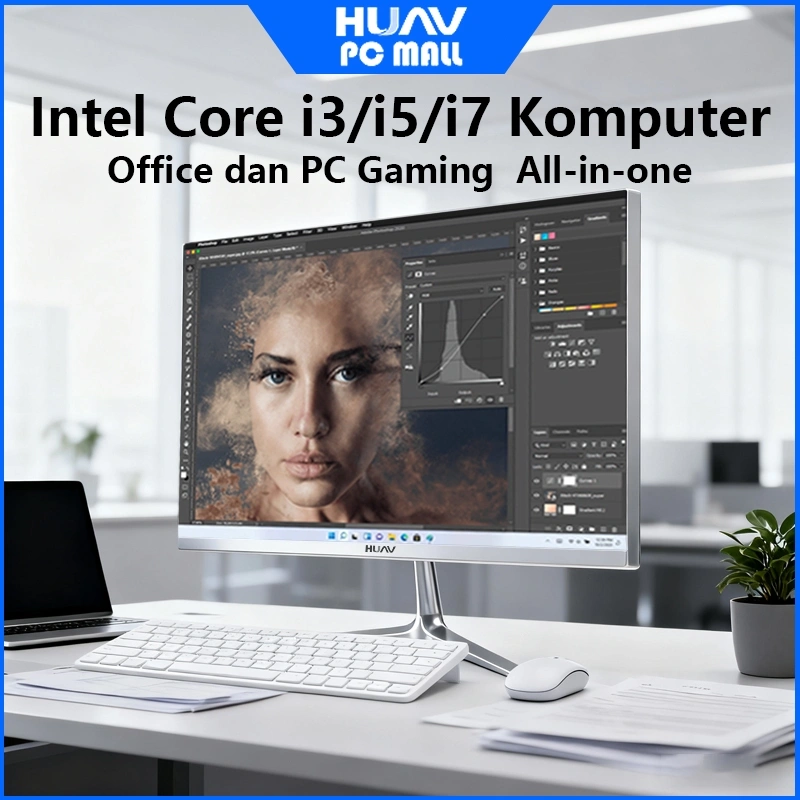 HUAV Komputer Full Set All-in-One PC Baru, Prosesor Core i3/i5/i7, RAM 16G, SSD 512G, Inci Pilihan, Untuk Rumah, Belajar, Kantor, gaming dan Hiburan,  Konfigurasi tinggi,Gratis Mouse + Keyboard