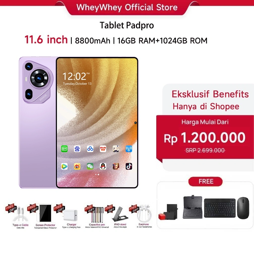 {Free+Keyboard+Mouse+Case} Wheywhey tablet android MatePadPro 11.6" 16GB+1024GB | 8800mAh | Kamera 48MP | 5G+WiFi+Dual SIM | Untuk Gaming & Belajar | IPS Full Screen | Android 13 | Garansi 1 tablet advan tablet murah 100ribuan anak tablet android murah